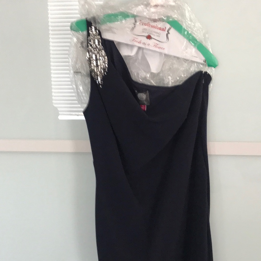 Off one shoulder navy blue long formal dress